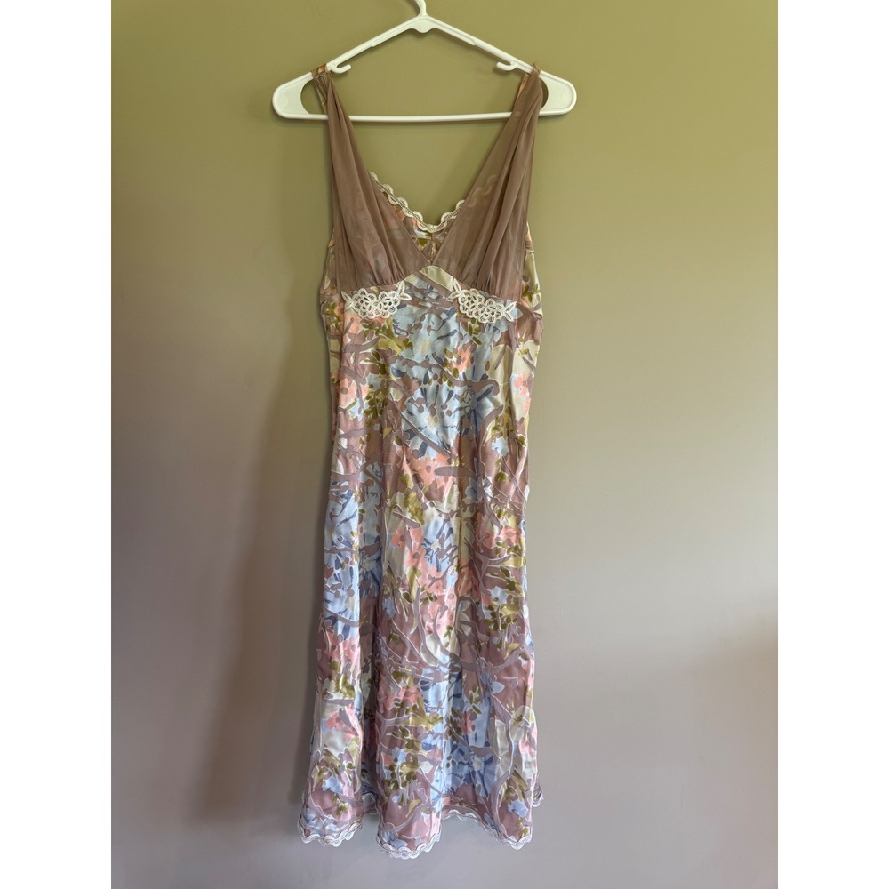 Floral Lace Trim‎ Midi Slip Dress Sheer Mesh V-Neck Sleeveless Multi-Color S